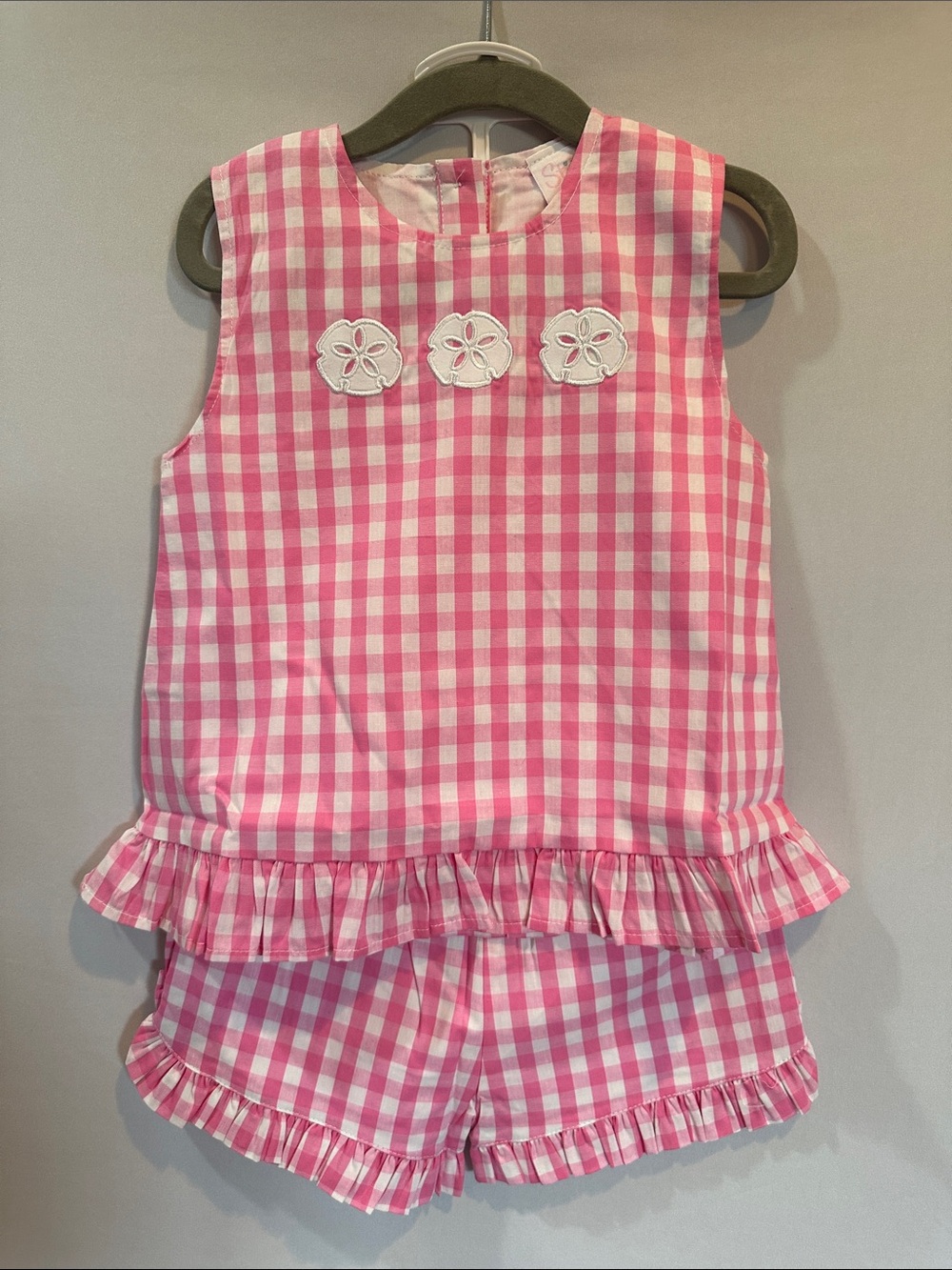 Pink Gingham Girls Set with Ruffle Trim with matching bow